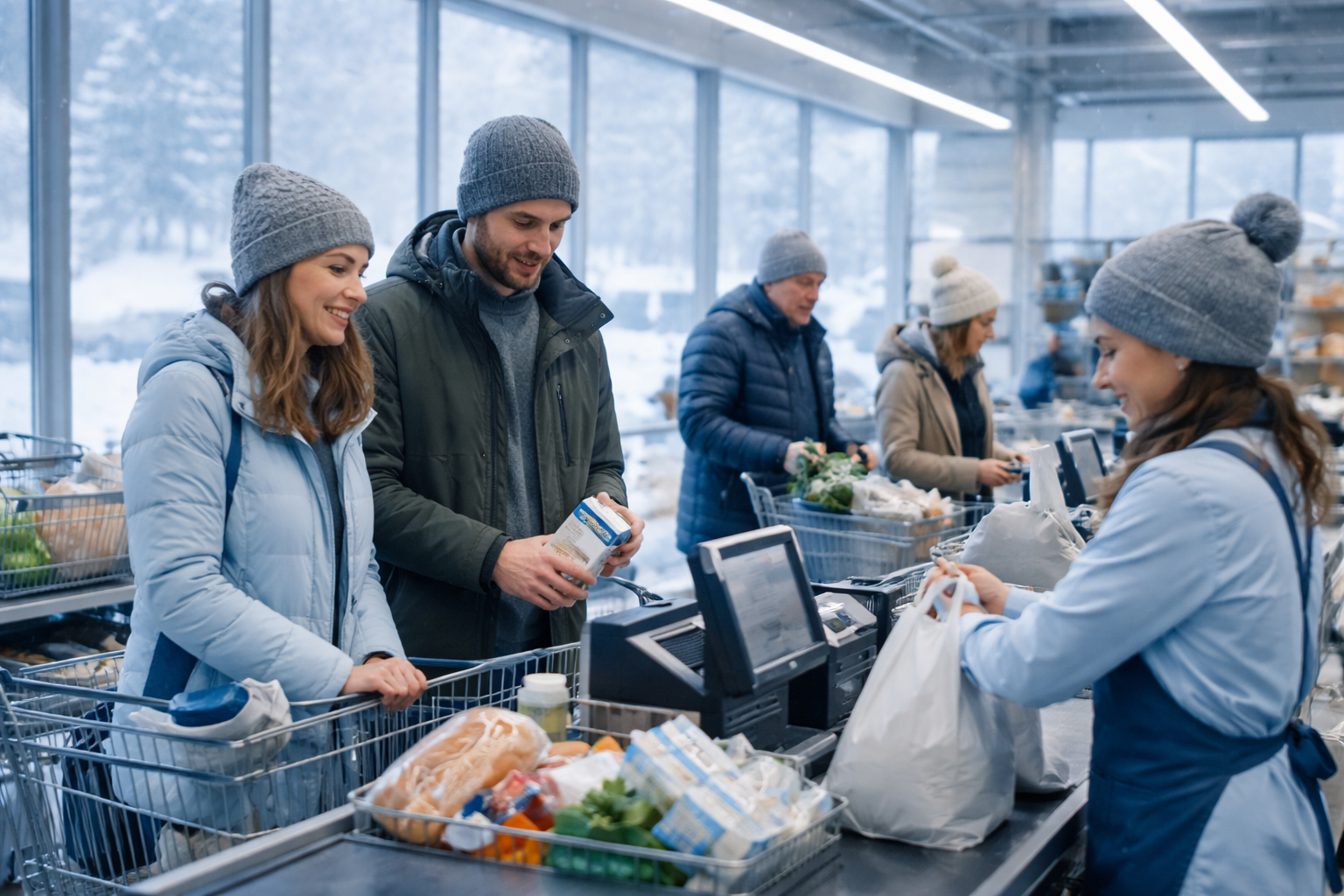 Retail store checkout during storm