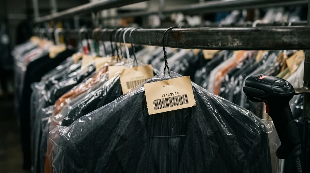 Close-up of a barcoded dry cleaning order tag on a poly-bagged suit hanging from a conveyor rail, with an unlit handheld scanner beside it.