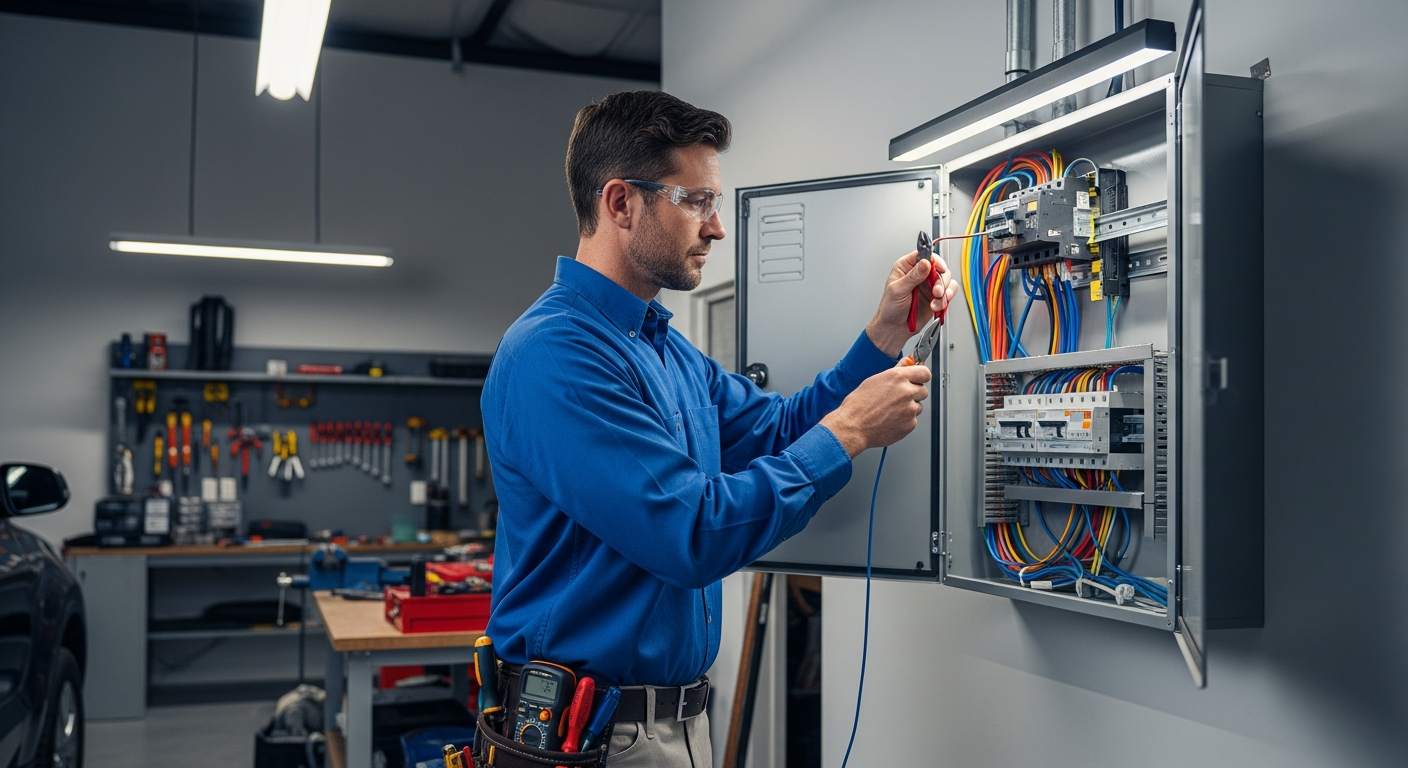 A licensed electrician works on a residential electrical panel during a home battery backup installation in Houston