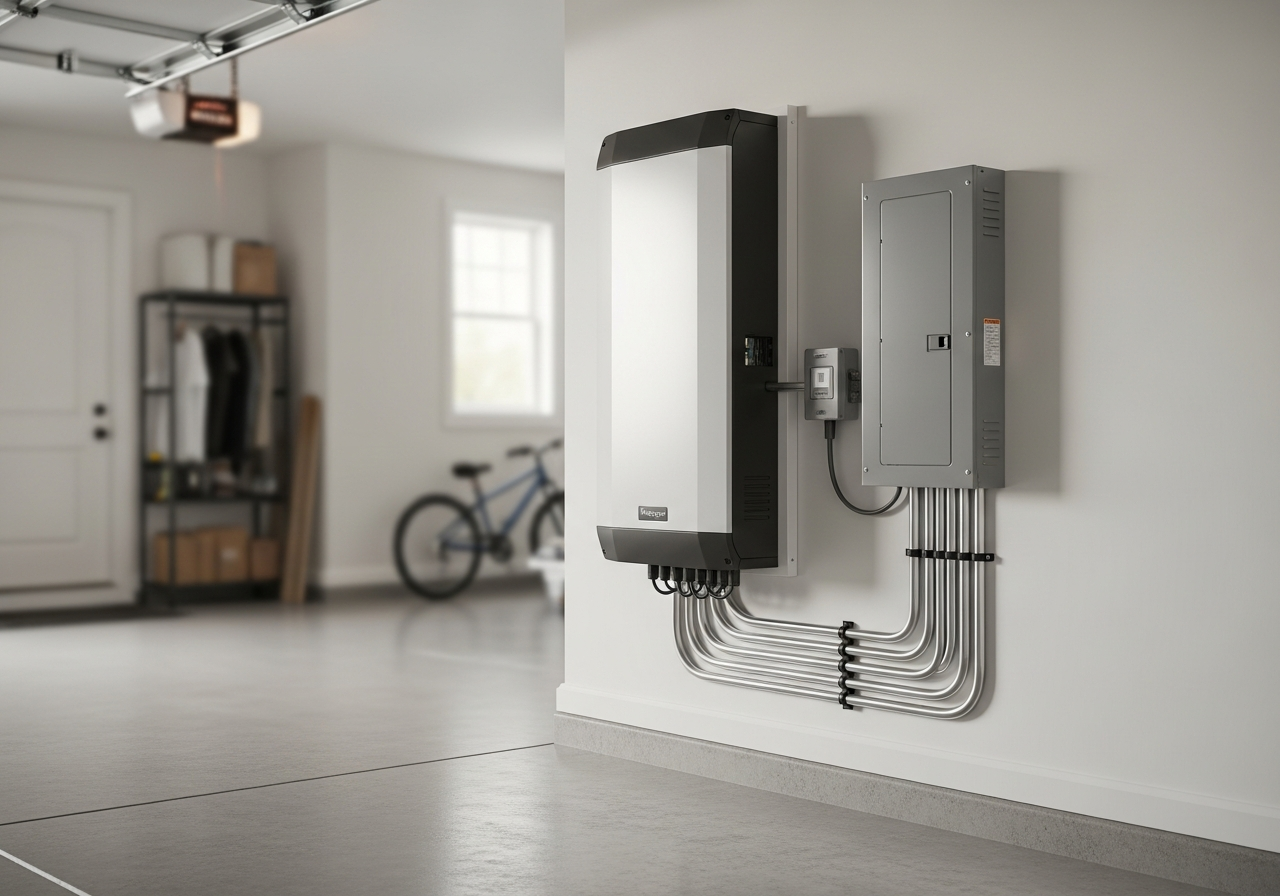 A completed home battery backup system installed and wired in a Houston residential garage, ready to go live