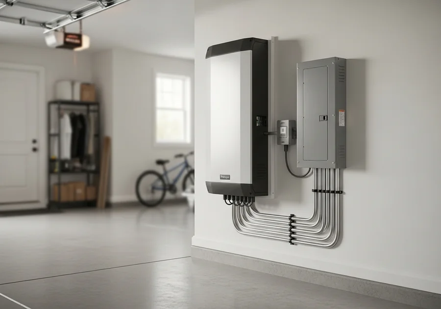 A completed home battery backup system installed and wired in a Houston residential garage, ready to go live
