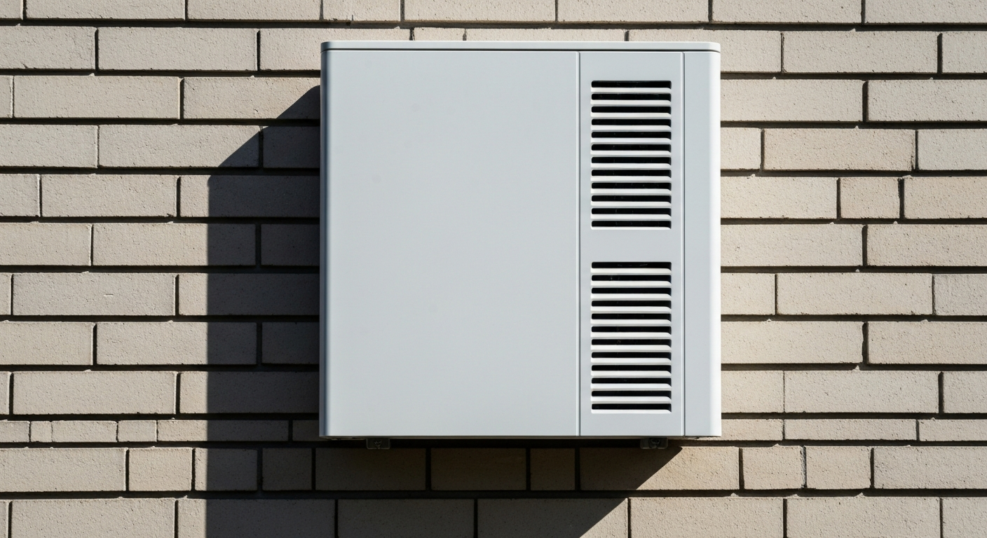 Home battery unit mounted on exterior brick wall in direct Texas summer sunlight, showing heat exposure risk for outdoor battery installations