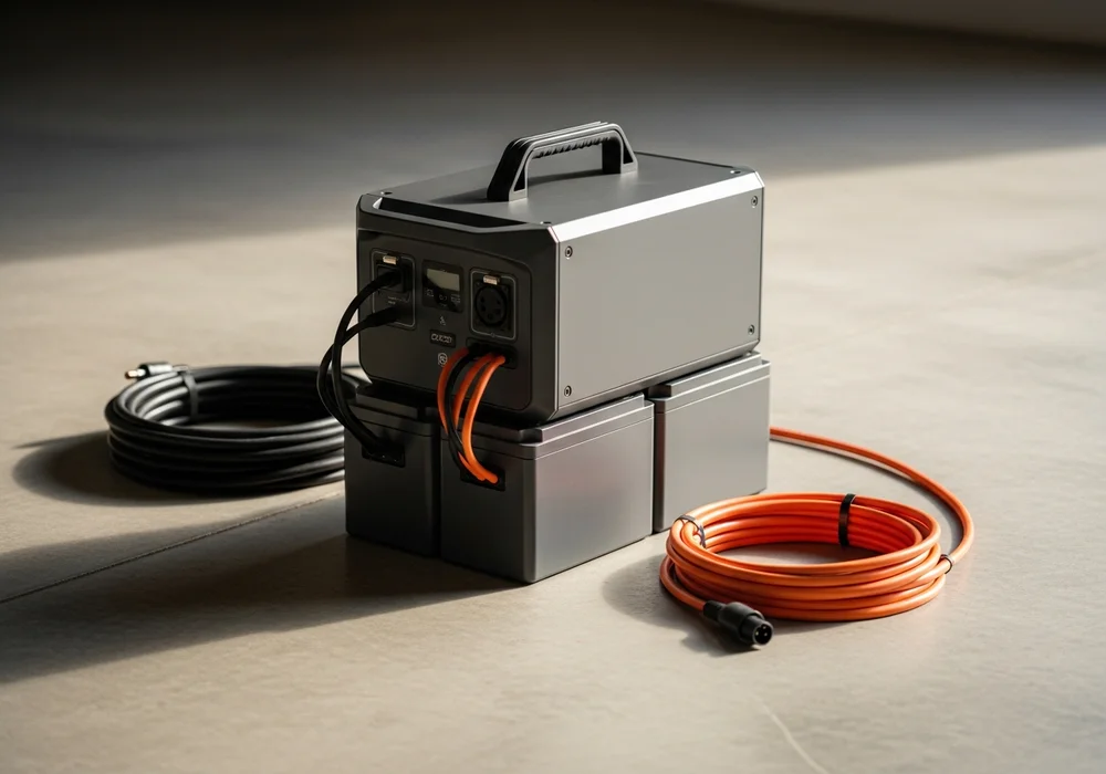 A modular portable power station with two stacked battery packs sitting on a Texas garage floor with cables coiled nearby