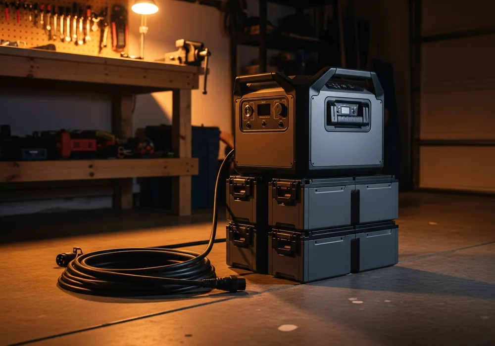 A modular portable power station with stacked expansion batteries and cabling on a Texas garage floor near a workbench