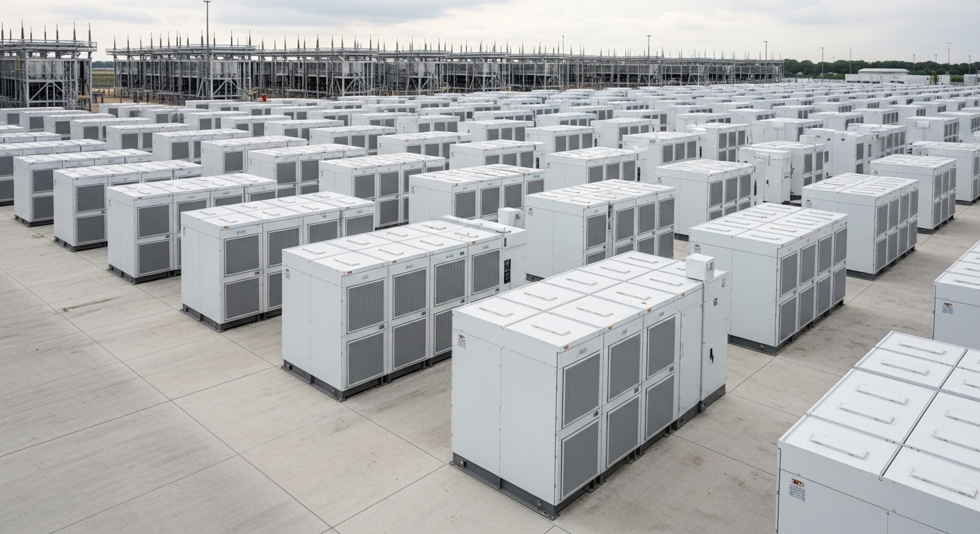 Rows of utility-scale battery energy storage cabinets at a Texas power facility, stretching into the distance on a concrete pad