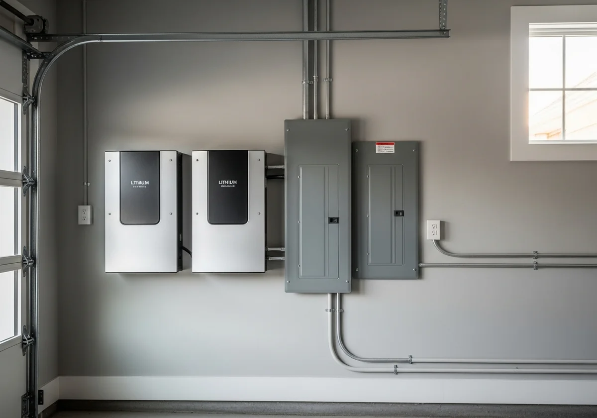 Wall-mounted home battery storage units installed in a Texas residential garage next to the electrical panel