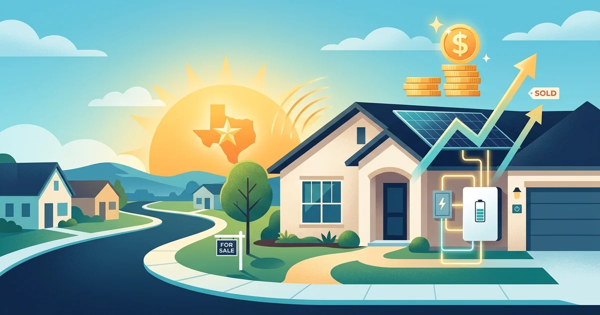 A Texas suburban home presented for sale in daylight, the setting where an owned, installed battery becomes a transferable resale asset.