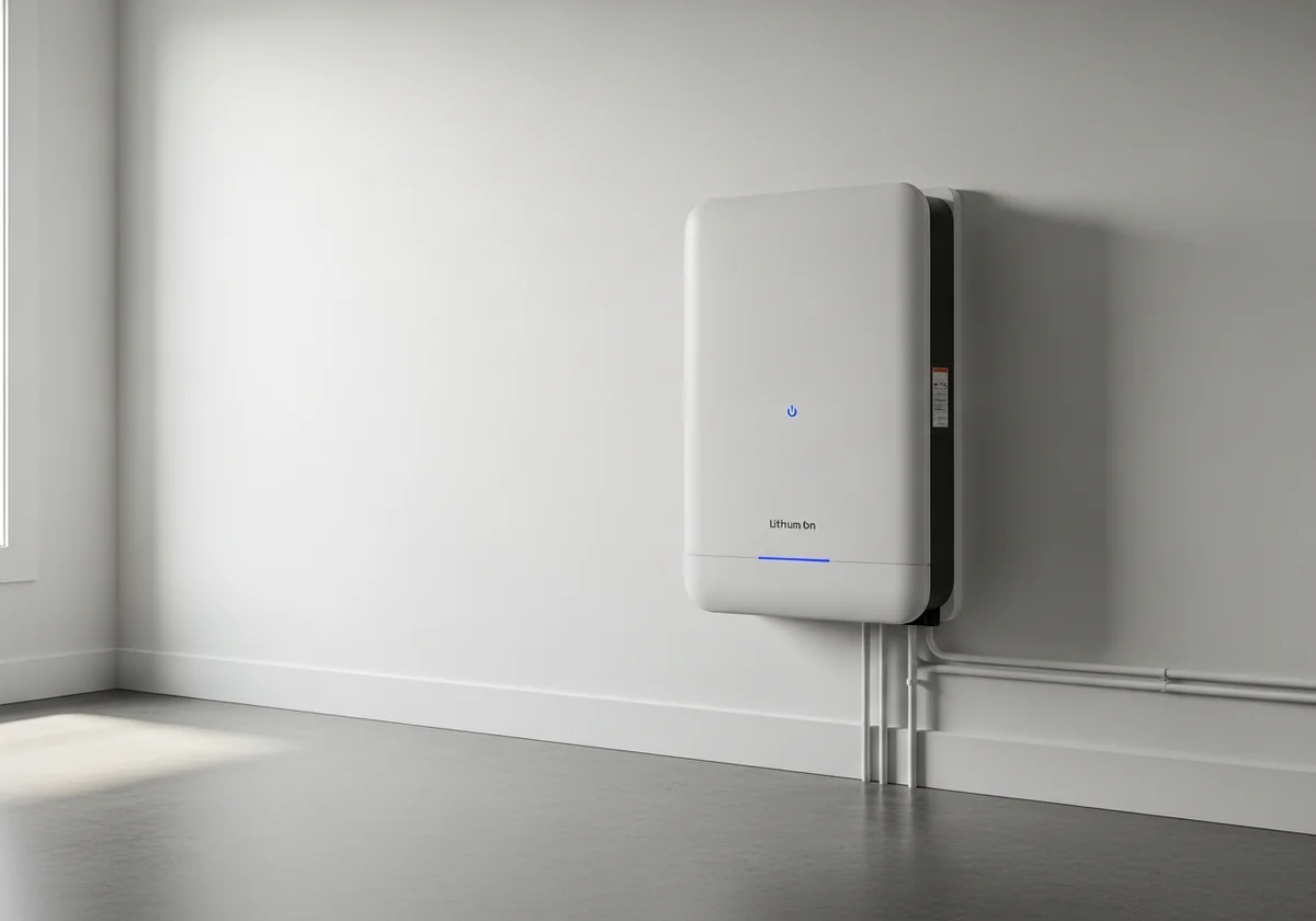 A wall-mounted home battery backup unit installed in a clean garage utility space in a Houston home