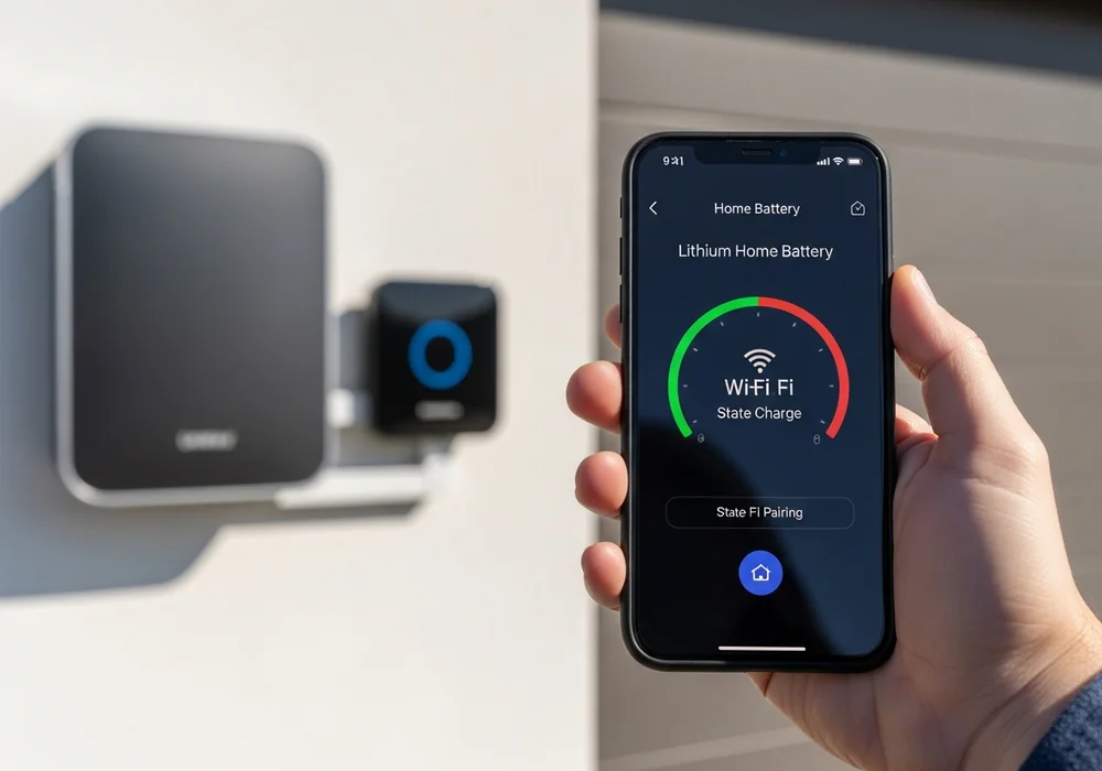 Hand holding a smartphone showing a home battery setup app with a Wi-Fi pairing screen and state-of-charge gauge, next to a wall-mounted battery unit in a residential garage