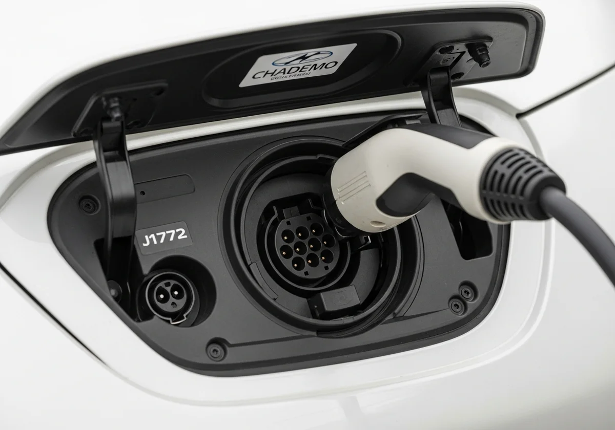 Close-up of the CHAdeMO DC fast charging port on a white Nissan Leaf, with the smaller J1772 AC port visible beside it