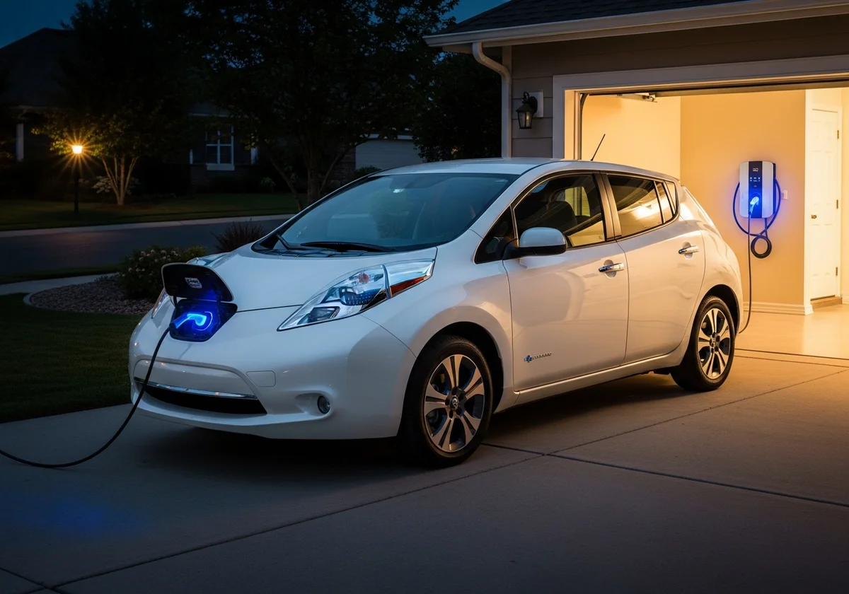 White Nissan Leaf plugged into a home garage wall charger at night, house interior lights glowing in background