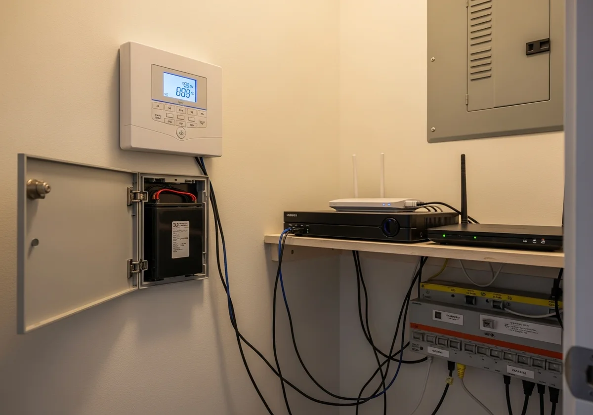 A home security equipment closet showing an alarm panel with backup battery, a network video recorder, and a router wired into a labeled circuit breaker panel.