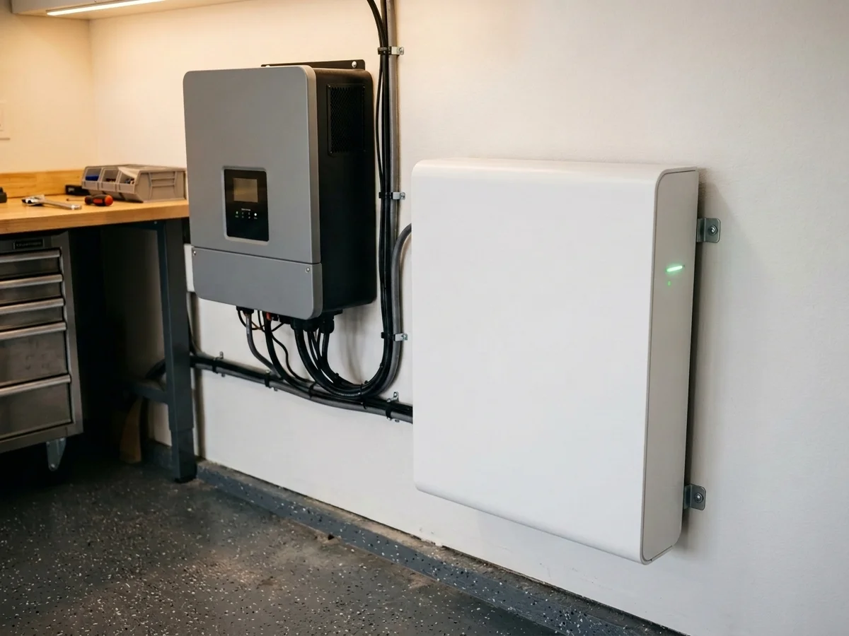 An existing solar inverter and a new white battery storage unit mounted side by side on a residential garage wall, connected by wiring — an example of an AC-coupled retrofit installation