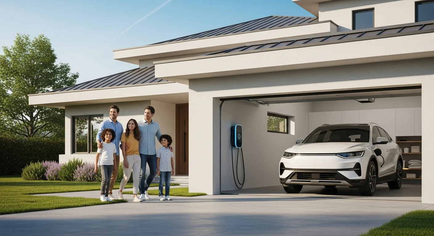 Family in front of their home with an electric vehicle and EV charger visible in the garage, representing V2H readiness