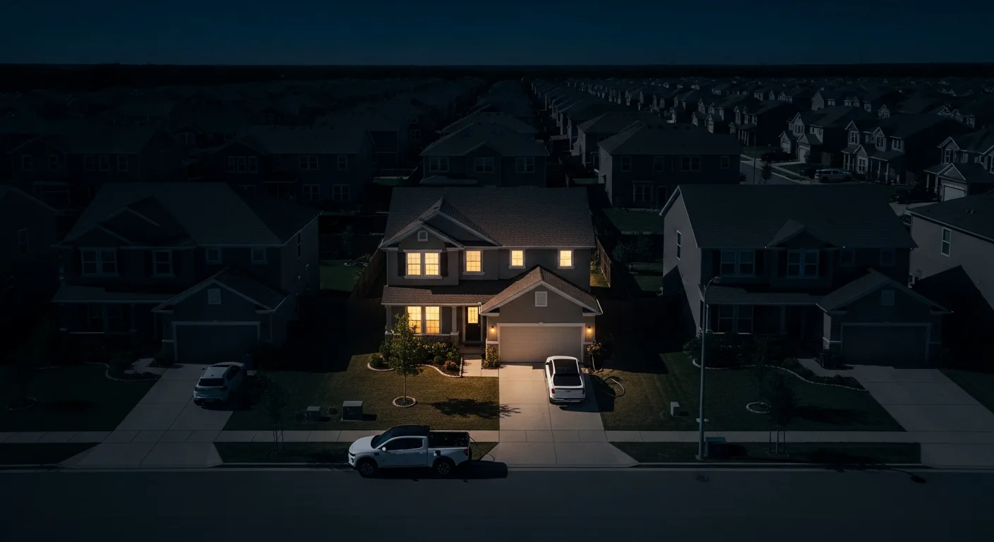 Suburban home with lights on during a neighborhood power outage, electric vehicle plugged into V2H charger in the driveway