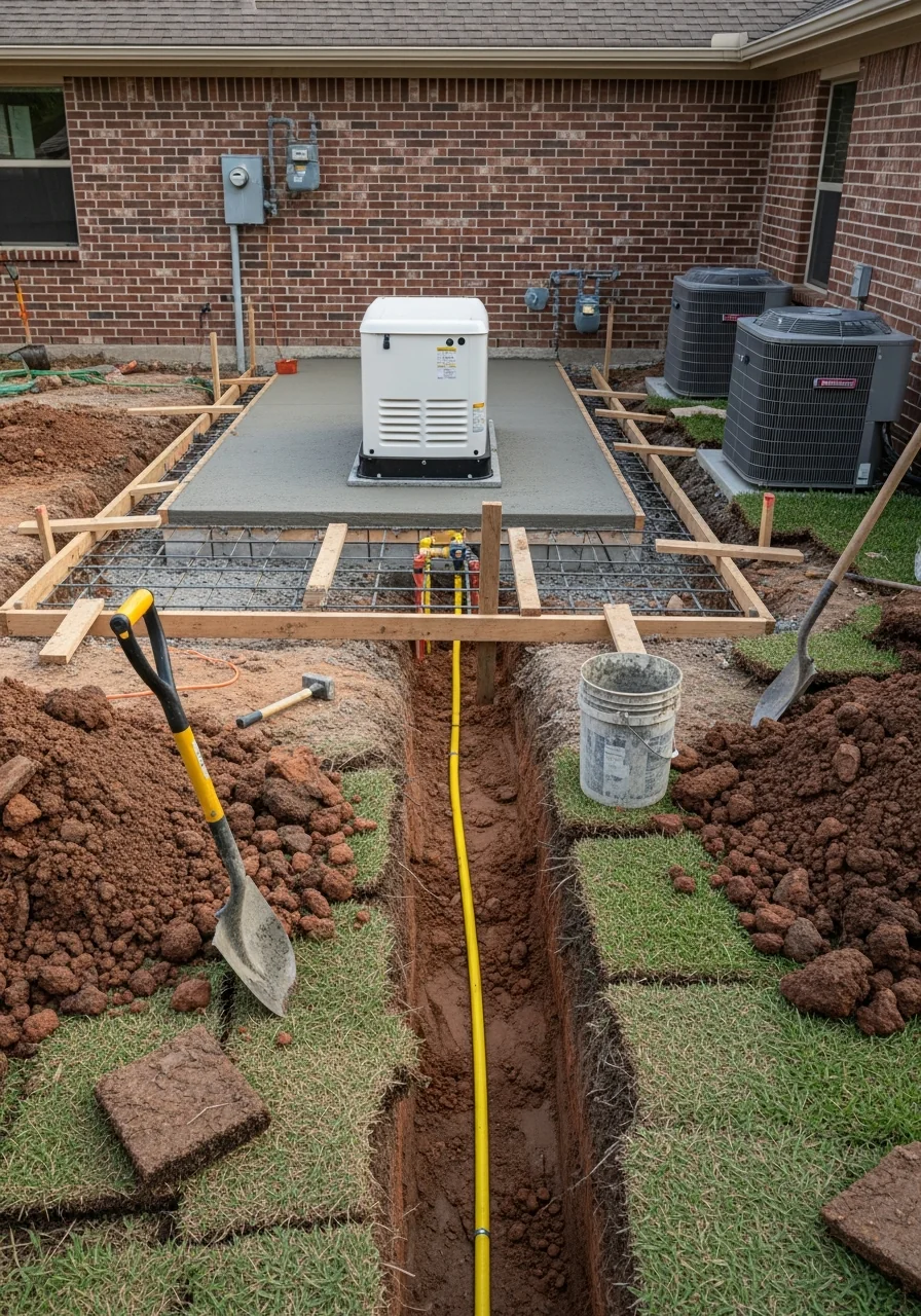 Generator install in progress: gas line trench, concrete pad with rebar formwork, mud, shovels, dug up sod