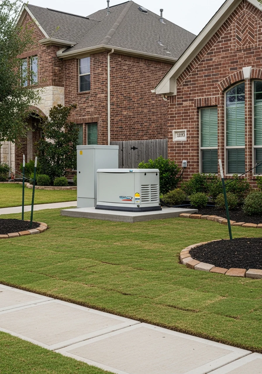 Outdoor generator on side yard, permanently visible from sidewalk, HOA managed brick home