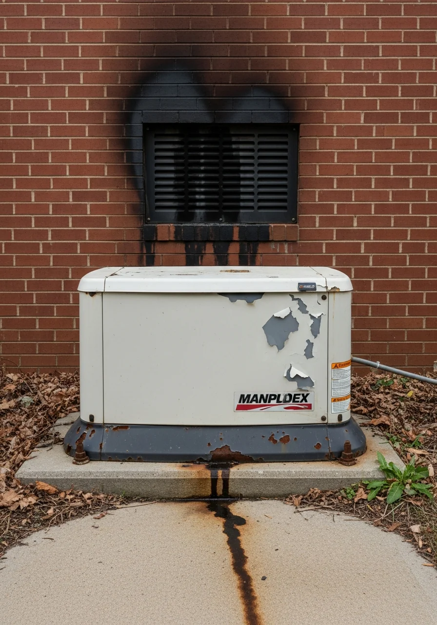 Eight year old generator: exhaust stain on brick, rust, oil drip on pad, weathered